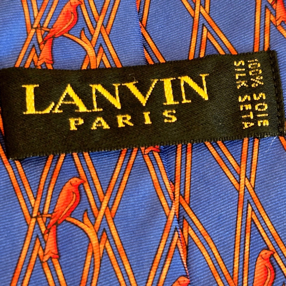 Lanvin Paris Silk Tie Mens Blue Red Bird Lattice Geometric Luxury Necktie 56x3.5